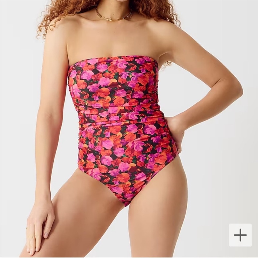 J. Crew Ruched bandeau one-piece swimsuit in pansy floral pink orange size 8